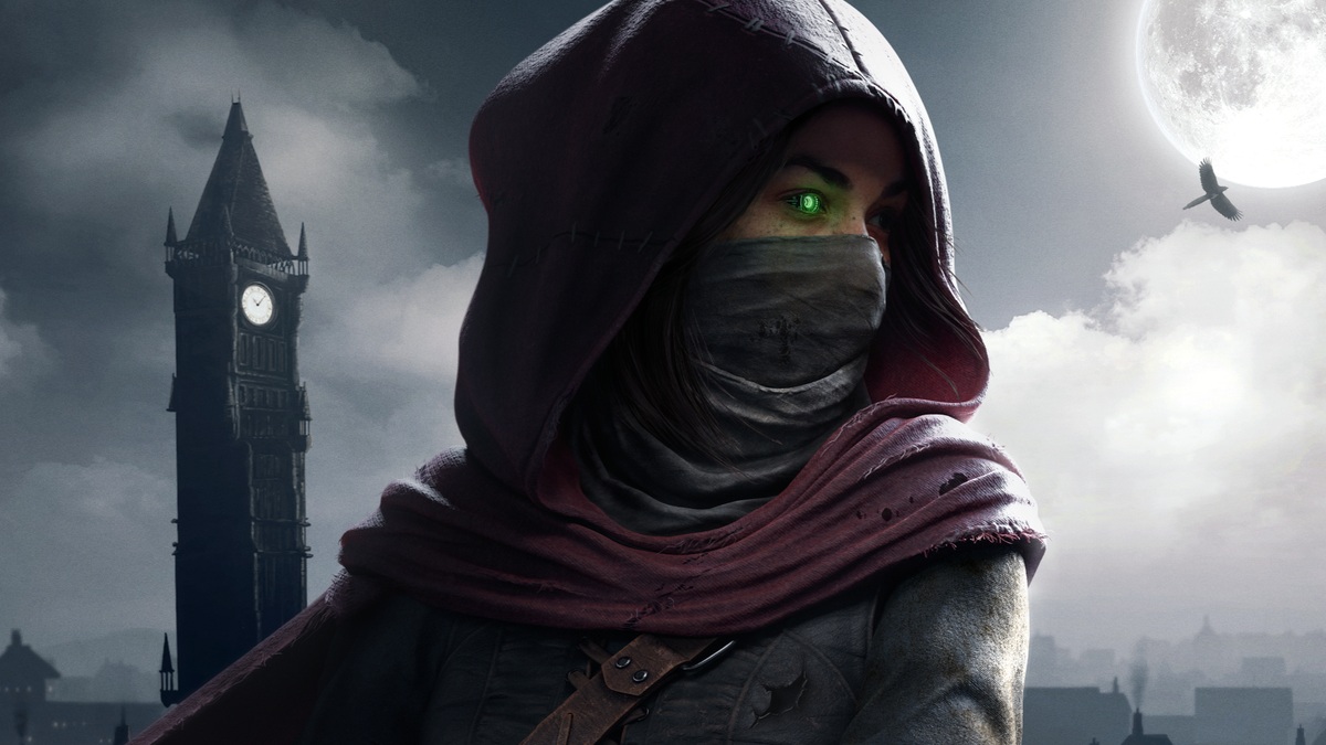 Artwork for Thief VR: Legacy of Shadow. A close-up of a person in profile, dressed in dark clothing. They are wearing a hood and face covering with only bright, green eyes visible. In the background is a gloomy, cloudy Victorian-era, city skyline. A tall clock tower dominates one side of the image and on the other, a bird, flying, is silhouetted in front of a bright moon.