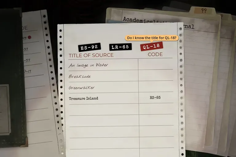Gameplay of closeup of files and papers with sources and codes