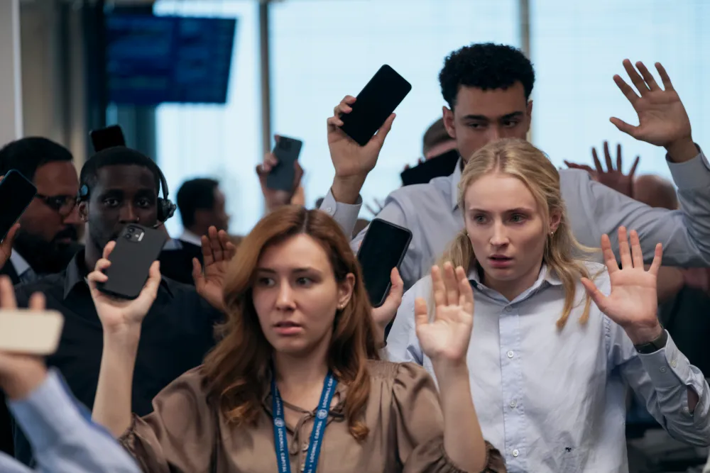 Three people (in height order) stand with their hands up and a phone in their right hand.