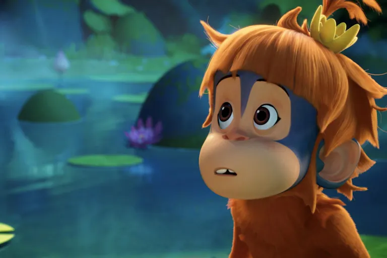 An animated, young monkey stands in front of a body of water with a look of awe.