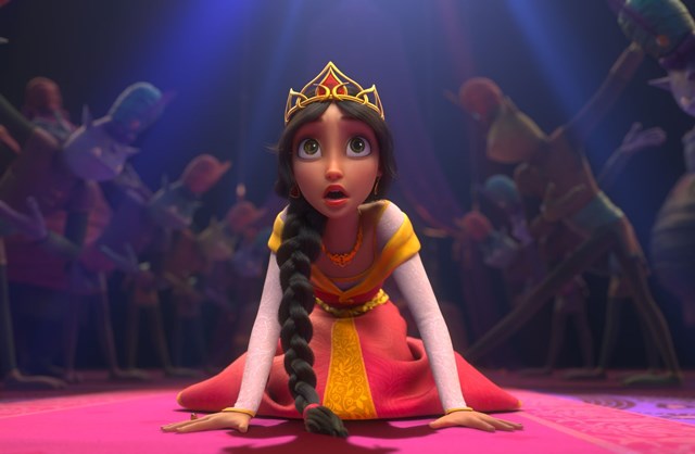 An animated princess is on the ground with people surrounding her on both sides.