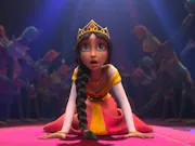An animated princess is on the ground with people surrounding her on both sides.