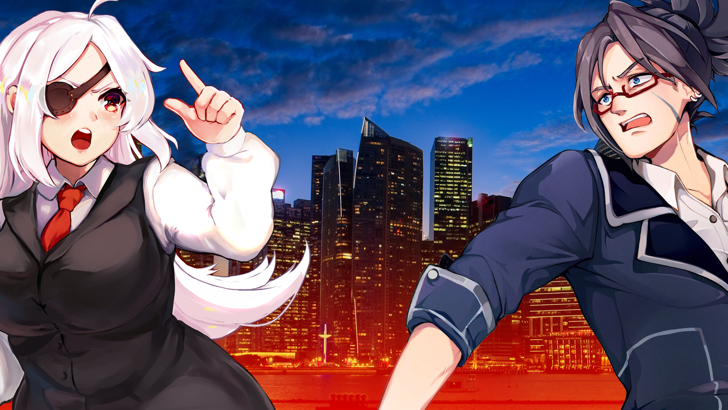 An animated white woman with an eyepatch and white hair and an animated man in glasses with dark hair stand infant of a city at night.