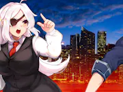 An animated white woman with an eyepatch and white hair and an animated man in glasses with dark hair stand infant of a city at night.