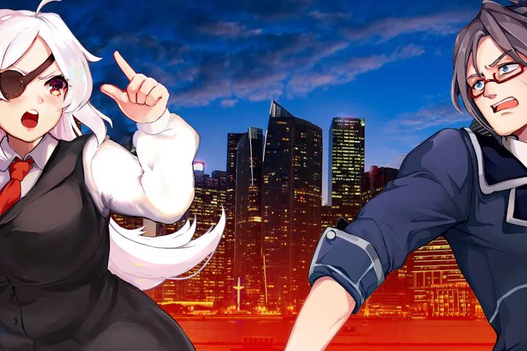 An animated white woman with an eyepatch and white hair and an animated man in glasses with dark hair stand infant of a city at night.