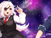 An animated white woman with an eyepatch and white hair and an animated man in glasses with dark hair stand infant of a galaxy.