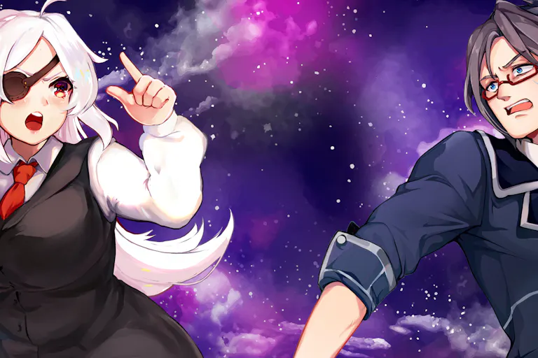 An animated white woman with an eyepatch and white hair and an animated man in glasses with dark hair stand infant of a galaxy.