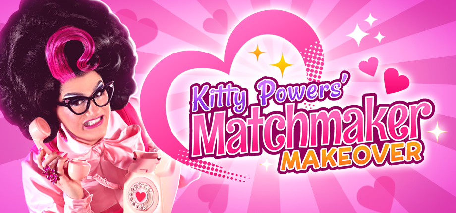 Game logo reading "Kitty Powers' Matchmaker Makeover" in pink with Kitty Powers to the left holding a retro telephone.