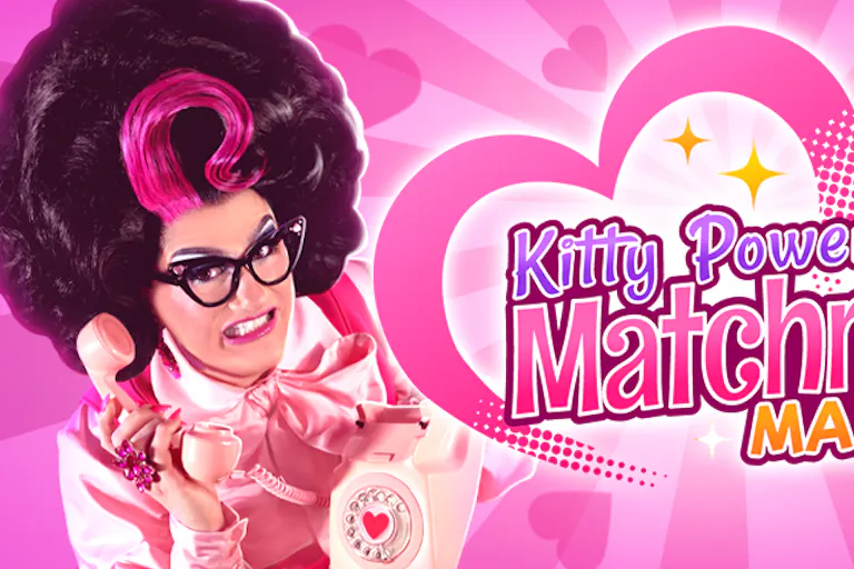 Game logo reading "Kitty Powers' Matchmaker Makeover" in pink with Kitty Powers to the left holding a retro telephone.