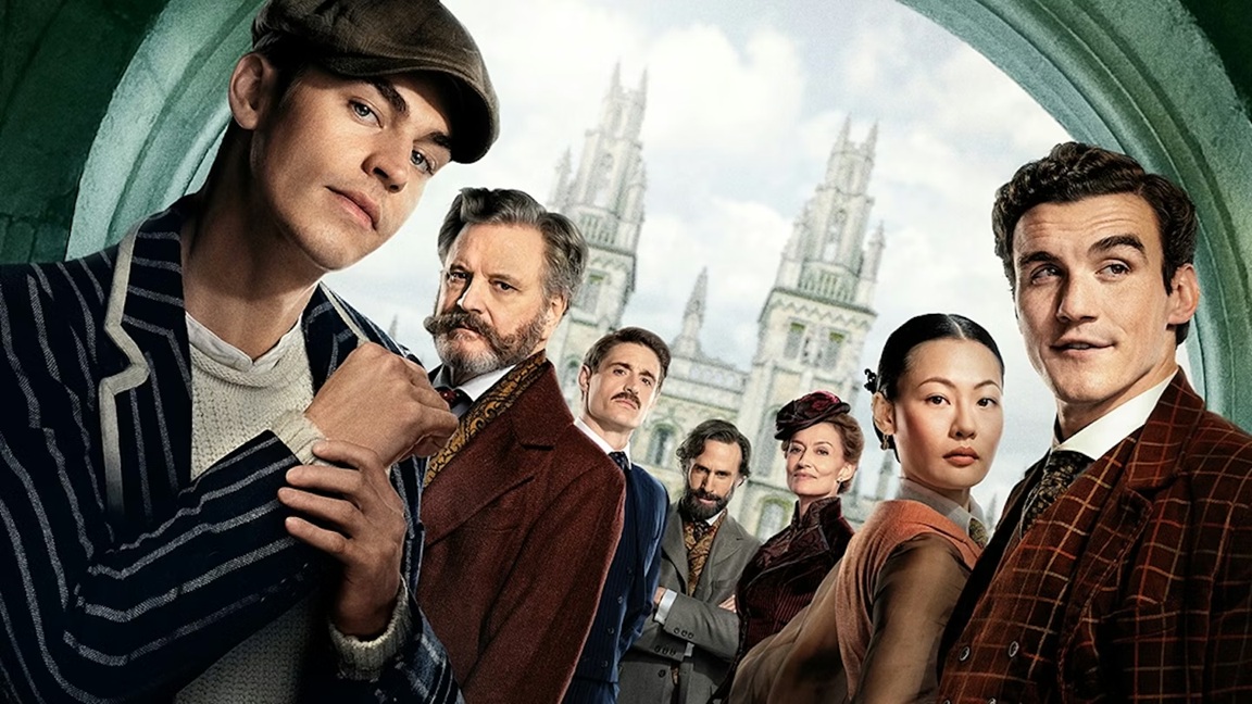 A group of people in 19th Century clothing standing in front of British architecture