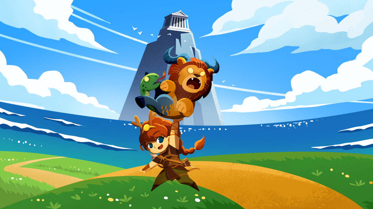 Colourful animated game still of a young woman warrior holding up a lion with ram horns and a green snake with one arm