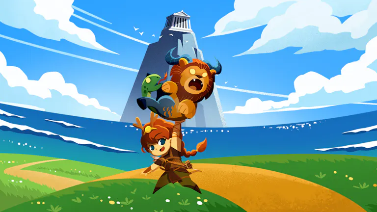 Colourful animated game still of a young woman warrior holding up a lion with ram horns and a green snake with one arm