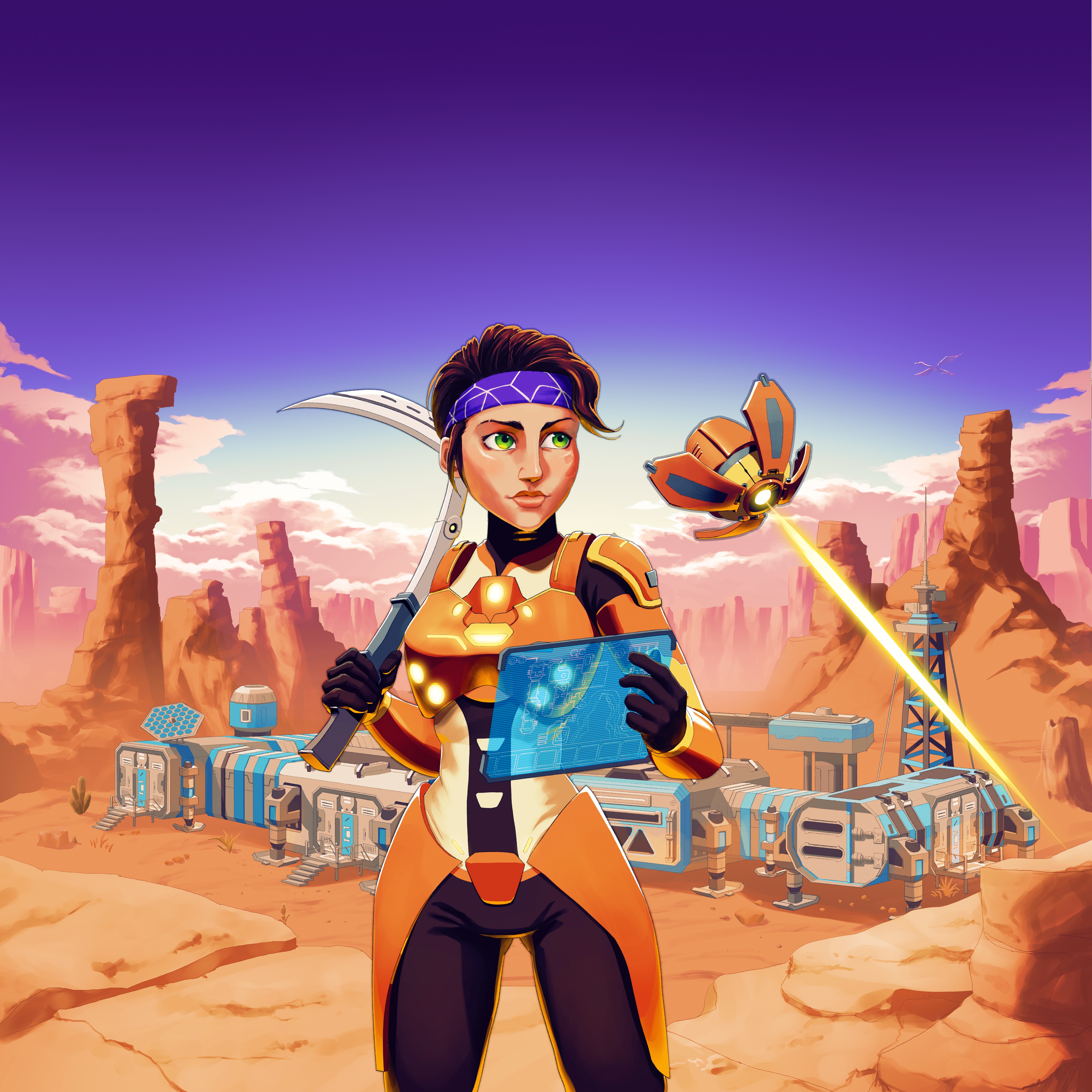 Colourful animated game still of a woman engineer in space surveying an industrial plant in a sandy and rocky landscape