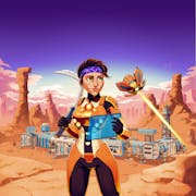 Colourful animated game still of a woman engineer in space surveying an industrial plant in a sandy and rocky landscape