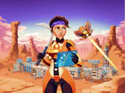 Colourful animated game still of a woman engineer in space surveying an industrial plant in a sandy and rocky landscape
