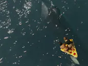 A trio of people float in the ocean on a pizza shaped floating device.