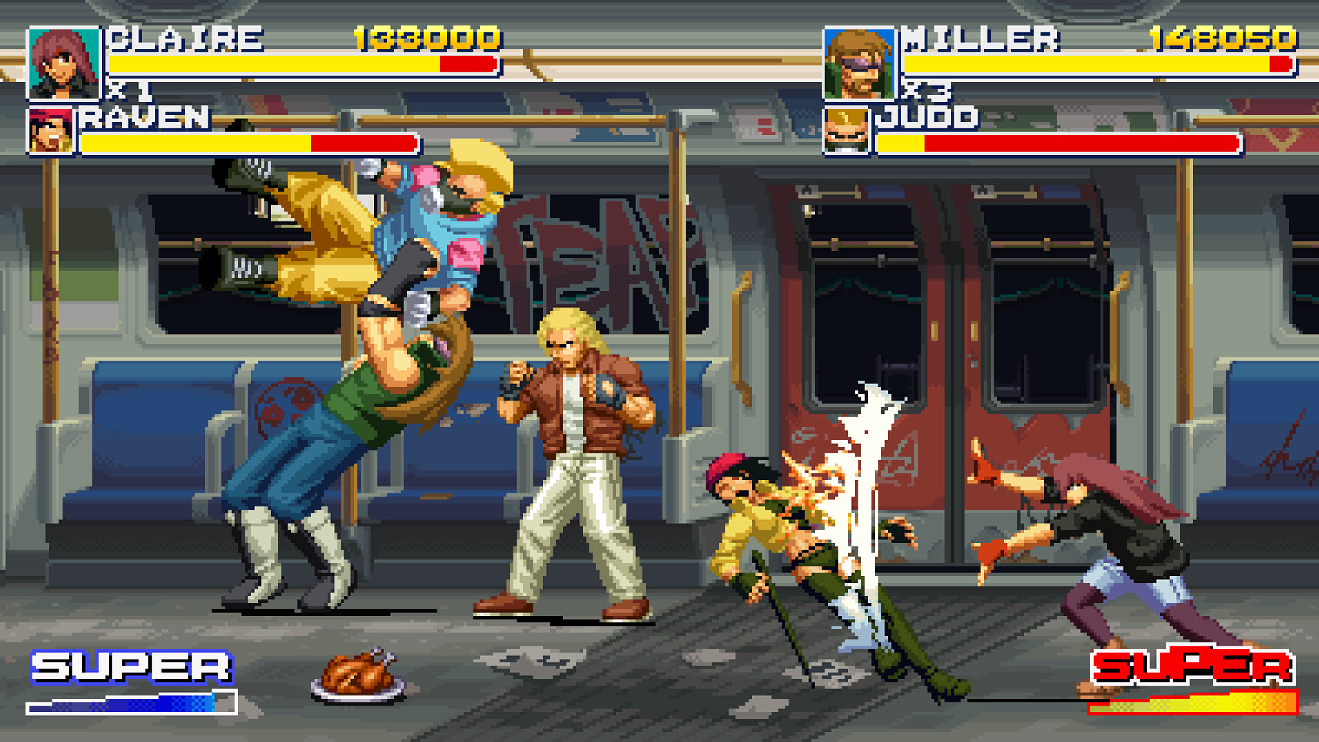 A group of people fighting in a subway cart.