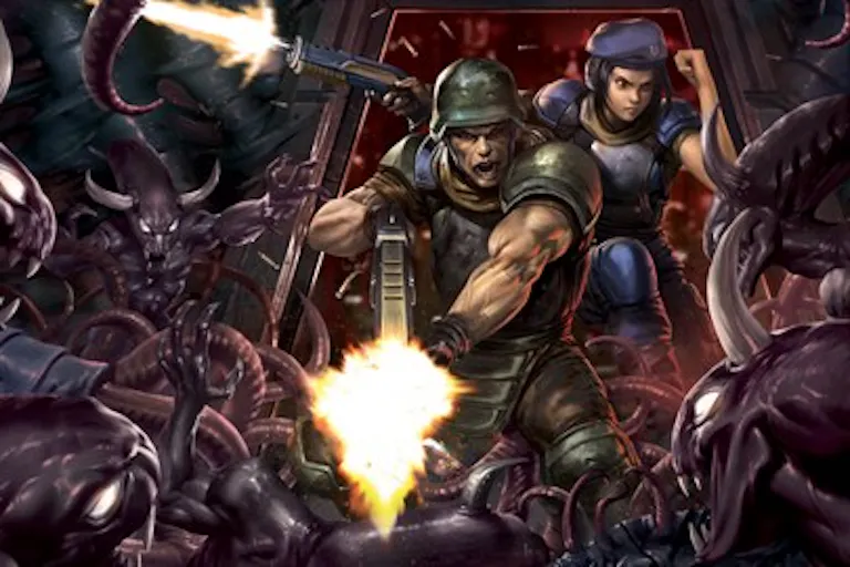 Animated people fighting with machine guns.