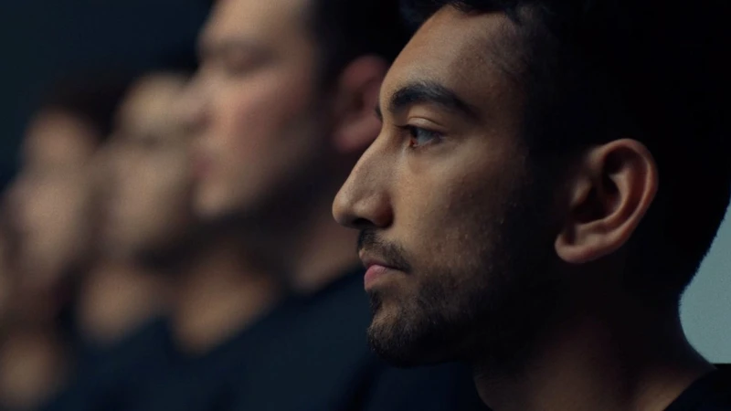 A man stands infant of 3 other men, he is clear the rest are blurry.