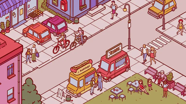 Colourful pastel animated gameplay of a street with people, cars and food trucks