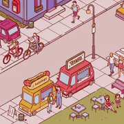 Colourful pastel animated gameplay of a street with people, cars and food trucks