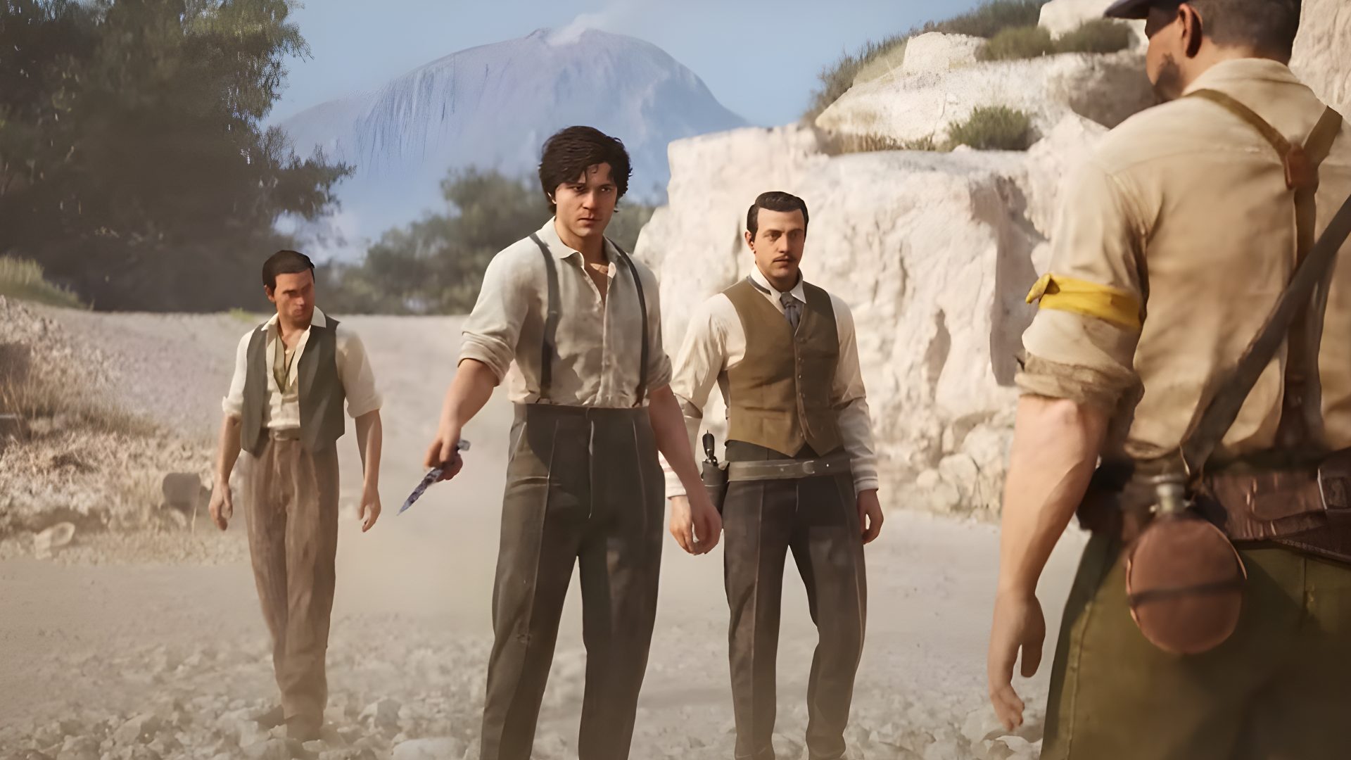 Three men in 20th Century attire approaching another man. The man in the centre is holding a knife.