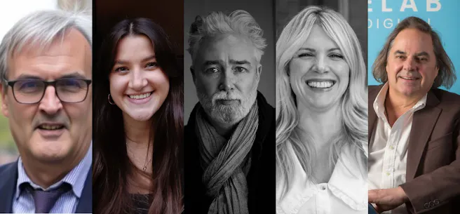 headshots of 3 men and 2 women