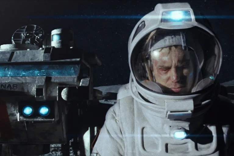 A man wearing a spacesuit on the moon, walking beside a large space drone