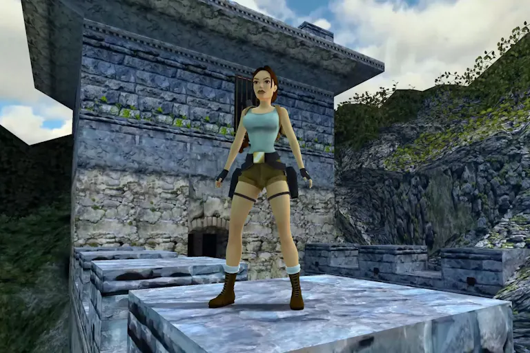 A retro animated white woman with a ponytail and combat attire, standing on a rock in the jungle