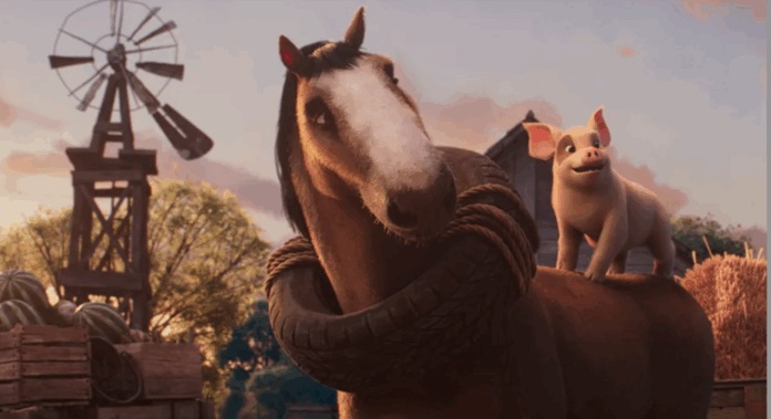 A horse and pig standing next to eachother on a farm