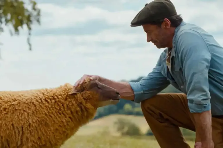A farmer petting a sheep