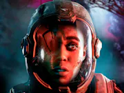 A woman in an astronaut suit in space, being illuminated in red light and having a scared look on her face