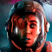 A woman in an astronaut suit in space, being illuminated in red light and having a scared look on her face