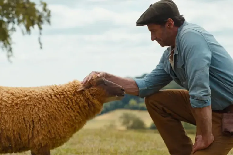 A caucasian male Shephard petting a brown-haired sheep on a grassy plane