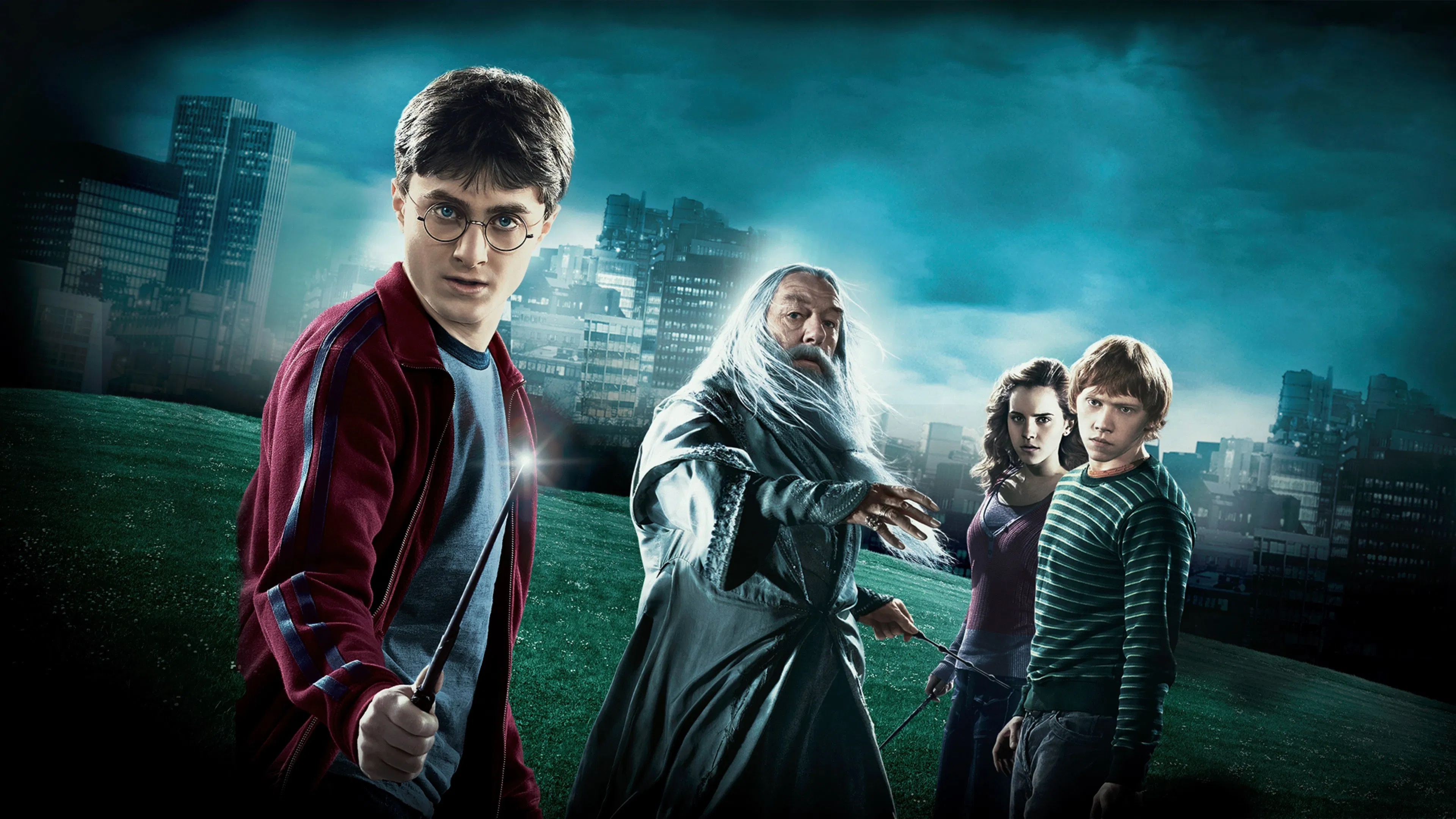 A young confident-looking boy with glasses holding a wand. In the background, an old beared man and two young children, all looking worried