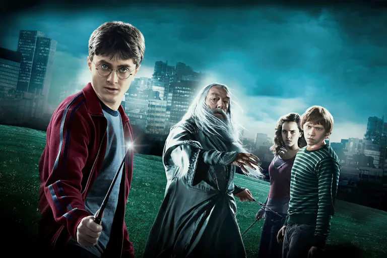 A young confident-looking boy with glasses holding a wand. In the background, an old beared man and two young children, all looking worried