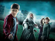 A young confident-looking boy with glasses holding a wand. In the background, an old beared man and two young children, all looking worried