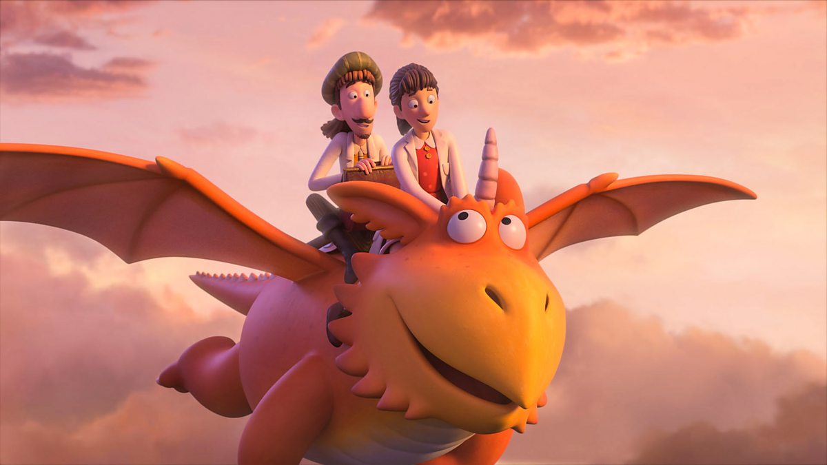 An animation of two white children on top of a flying orange winged monster