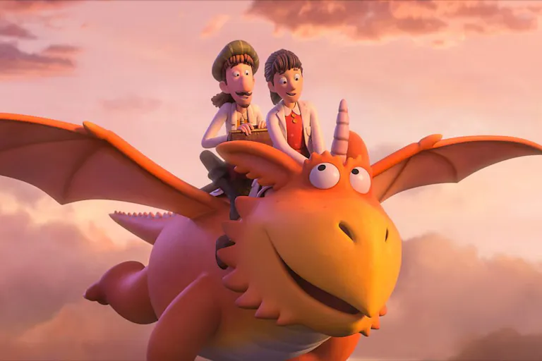 An animation of two white children on top of a flying orange winged monster
