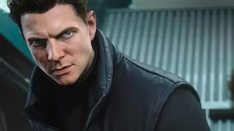An animated white dark-haired man wearing a black trench coat, with an angry face