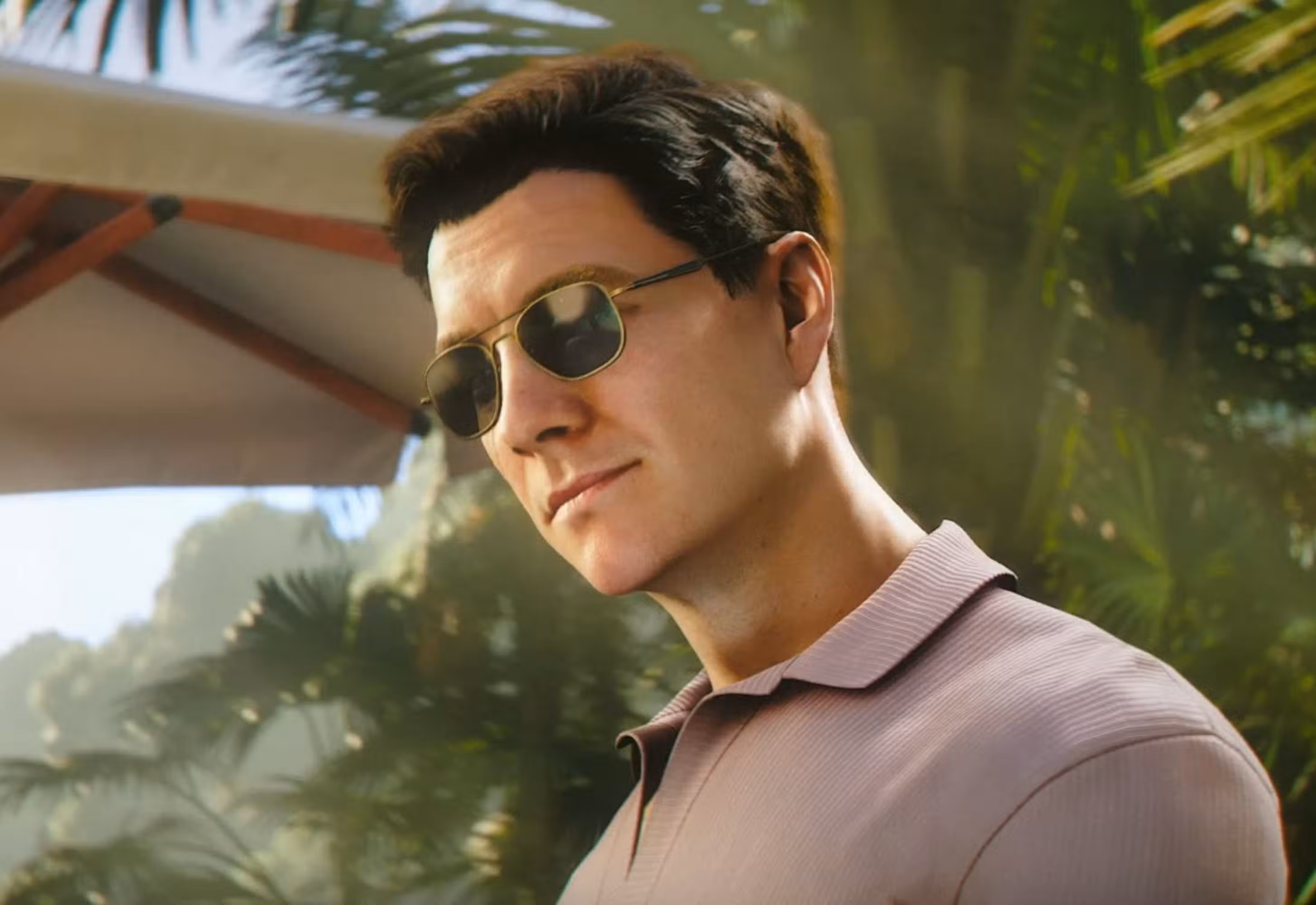 A white man with short, dark hair and sunglasses. Looking mysterious within a jungle
