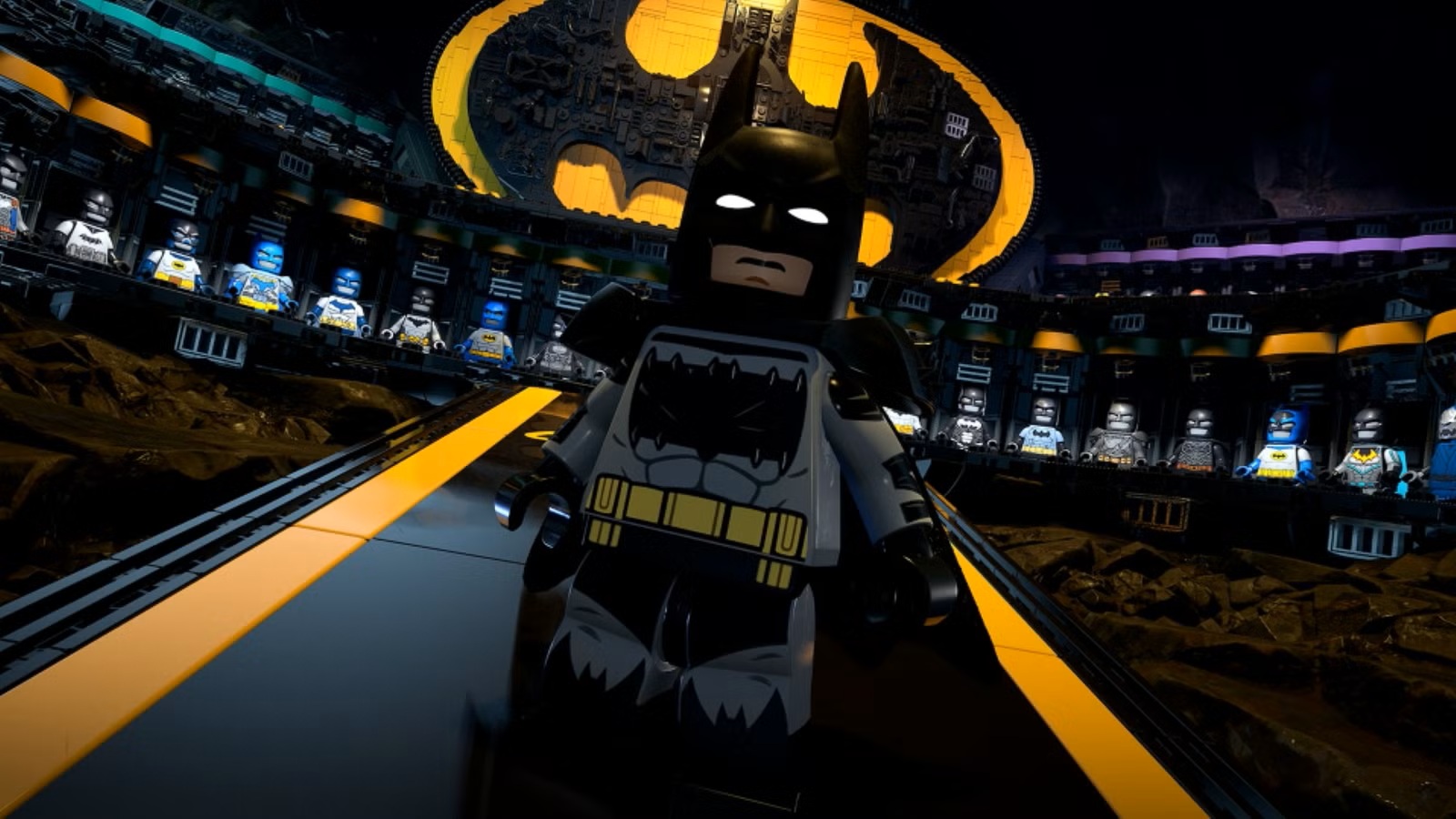A blocky figurine wearing a dark bat-themed superhero suit inside of a dark lair with a large black and yellow bat emblem on the wall