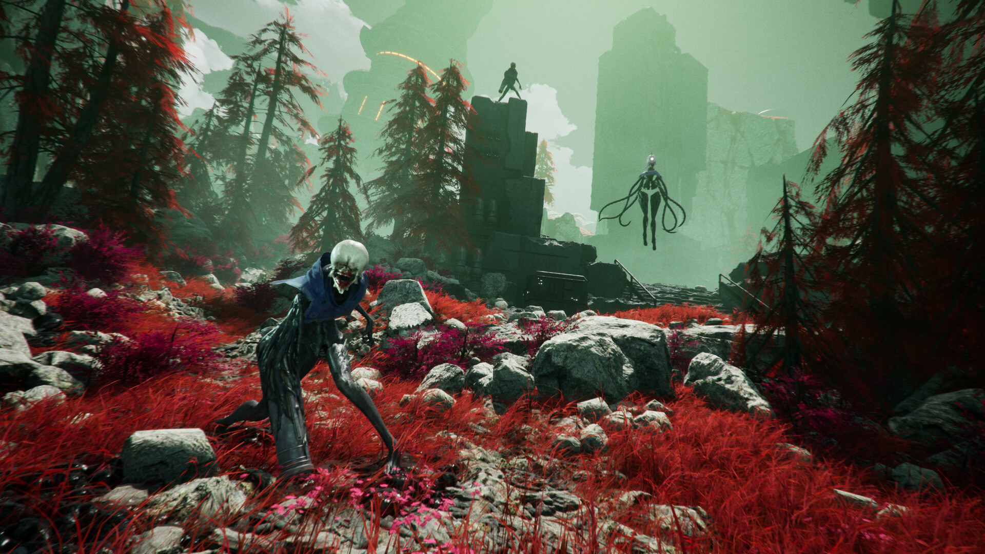 Three dark humanoid monsters within a dark forest of red and white grass