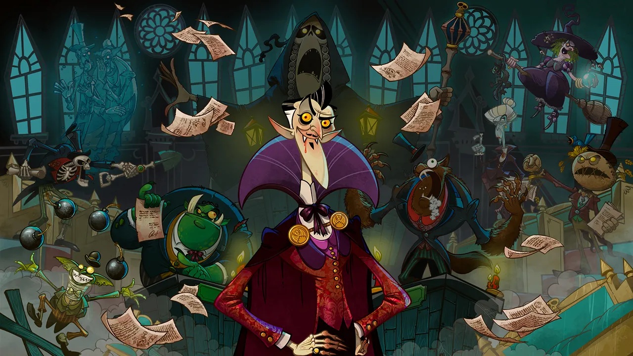 A vampire wearing a red suit and purple cape in the foreground, with other monsters like a witch, a ghoul and a mummy in the background. All of which in the room of a haunted house, with papers flying everywhere