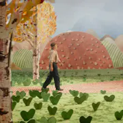 A middle-aged man in farmer-like clothes wandering through a colourful park made of arts and crafts