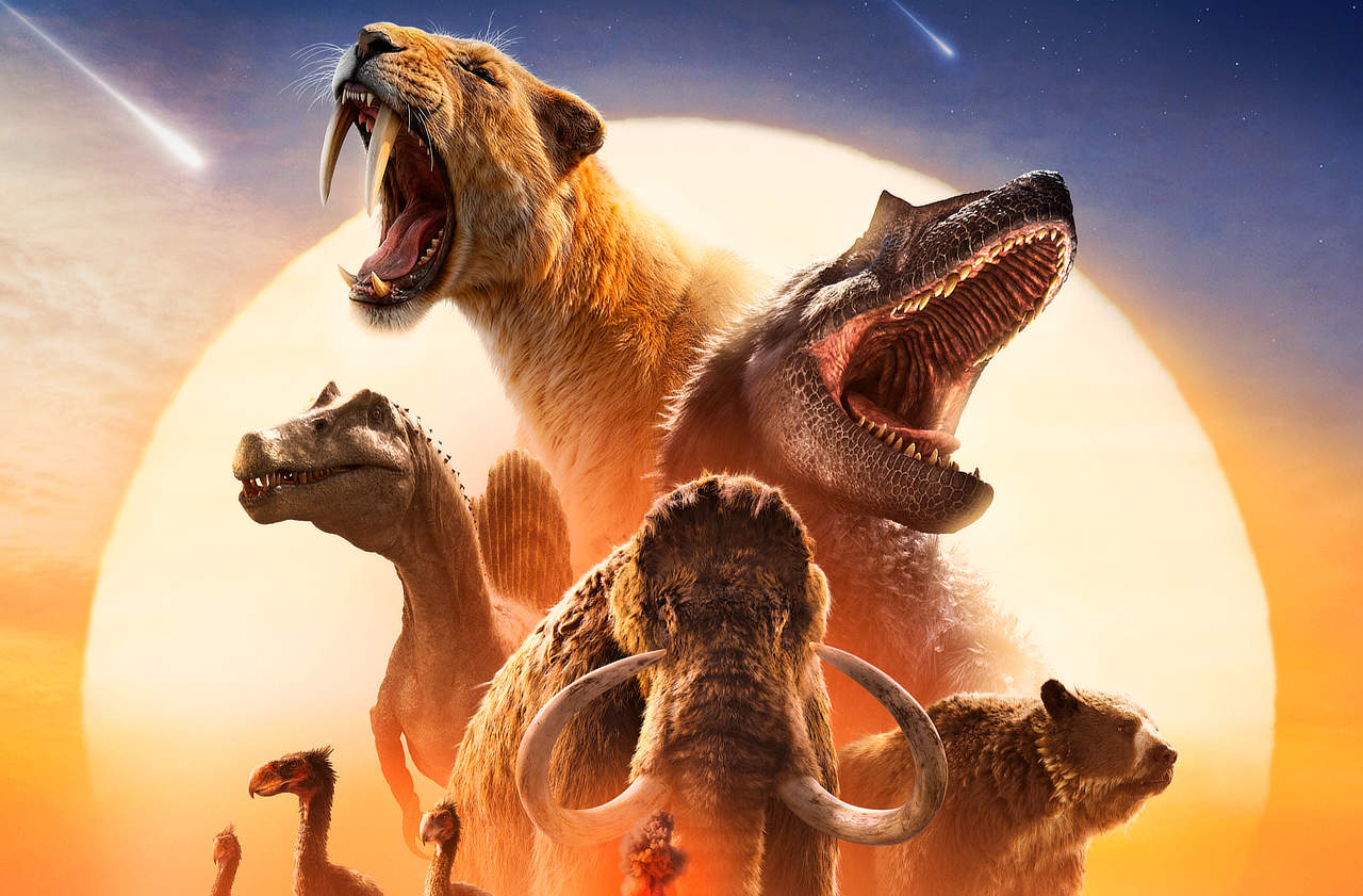 A collage of extinct animals. Such as the sabretooth tiger, the wooly mammoth etc. All fo which are placed in front of a large yellow sun during sunset