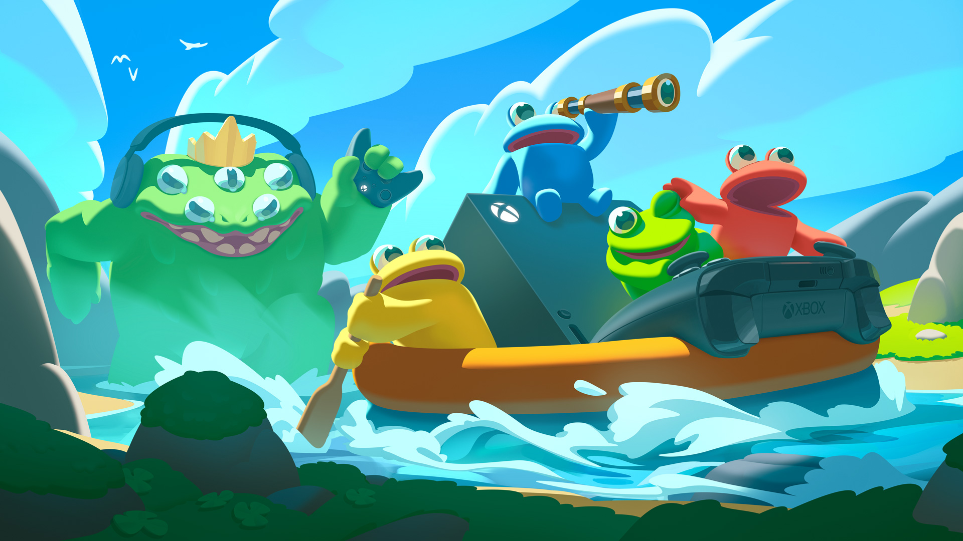 Four colourful toads on a raft travelling down a river; one looking through a telescope, one rowing. Behind them lurks a much large 6-eyed toad-like monster with a yellow crown on its head