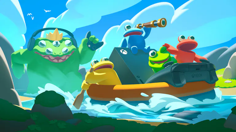 Four colourful toads on a raft travelling down a river; one looking through a telescope, one rowing. Behind them lurks a much large 6-eyed toad-like monster with a yellow crown on its head 