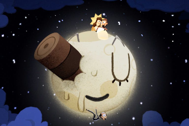 Animation of two small people sitting on the moon