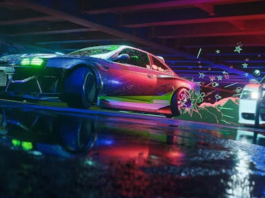 Video game image of a red and blue car with fluorescent green headlights driving through puddles of water. 